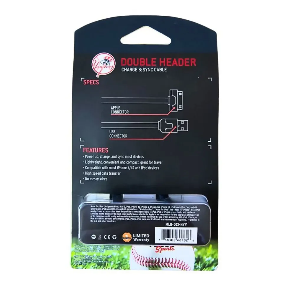 NY Yankees 30 Pin Charge Sync Cable iPhone 4 4S 3G 3GS iPad 1 2 iPod Nano 4 5 6